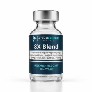 8X BLEND L-CARITINE (20MG) / L-ARGININE (20MG) / METHONINE (25MG) / INOSITOL (50MG) / B6 (25MG) / B5 (5MG) / B12 (1MG) vial is for laboratory research use only